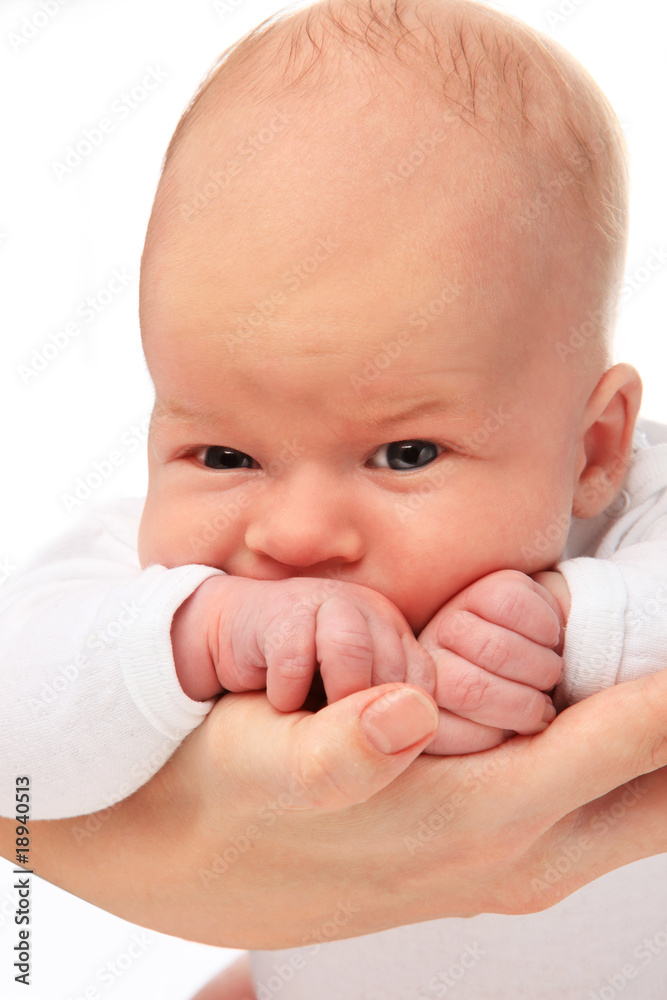 Little boy on mothers hands. Isolated on white background Little boy on mothers hands. Isolated on white background