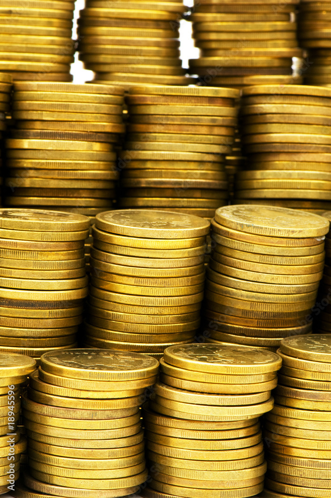 Close up of the golden coin stacks Close up of the golden coin stacks