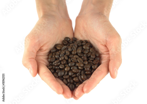 Hands holding a scoop of coffee beans