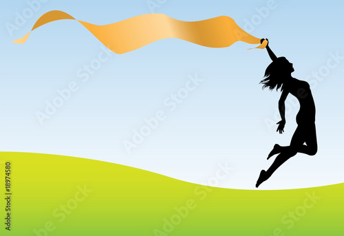 Woman run jump hold banner earth sky