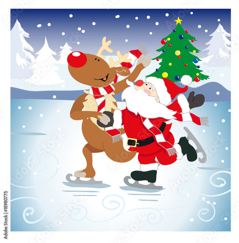 Rentier und Weihnachtsmann beim Eistanz