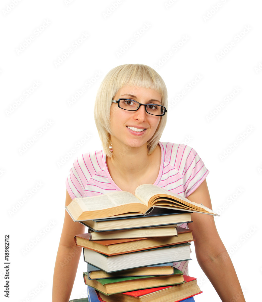 Young woman with stack of books isolated on white Young woman with stack of books isolated on white