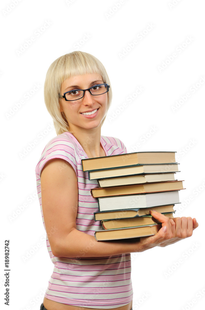 Young woman with stack of books isolated on white Young woman with stack of books isolated on white