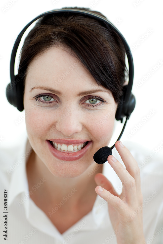 Smiling customer service agent with headset on Smiling customer service agent with headset on