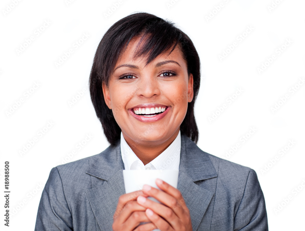 Hispanic businesswoman holding a coffee Hispanic businesswoman holding a coffee
