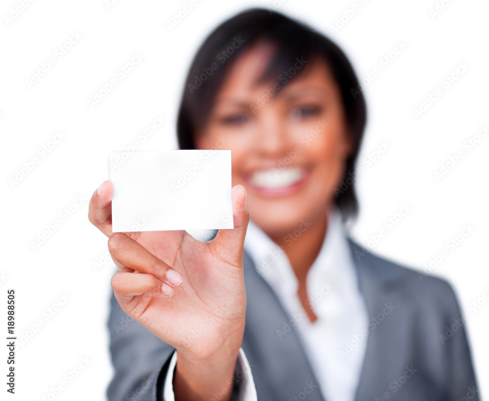 Attractive businesswoman holding a white card Attractive businesswoman holding a white card