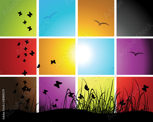 Times of day, sunset on meadow, mosaic background