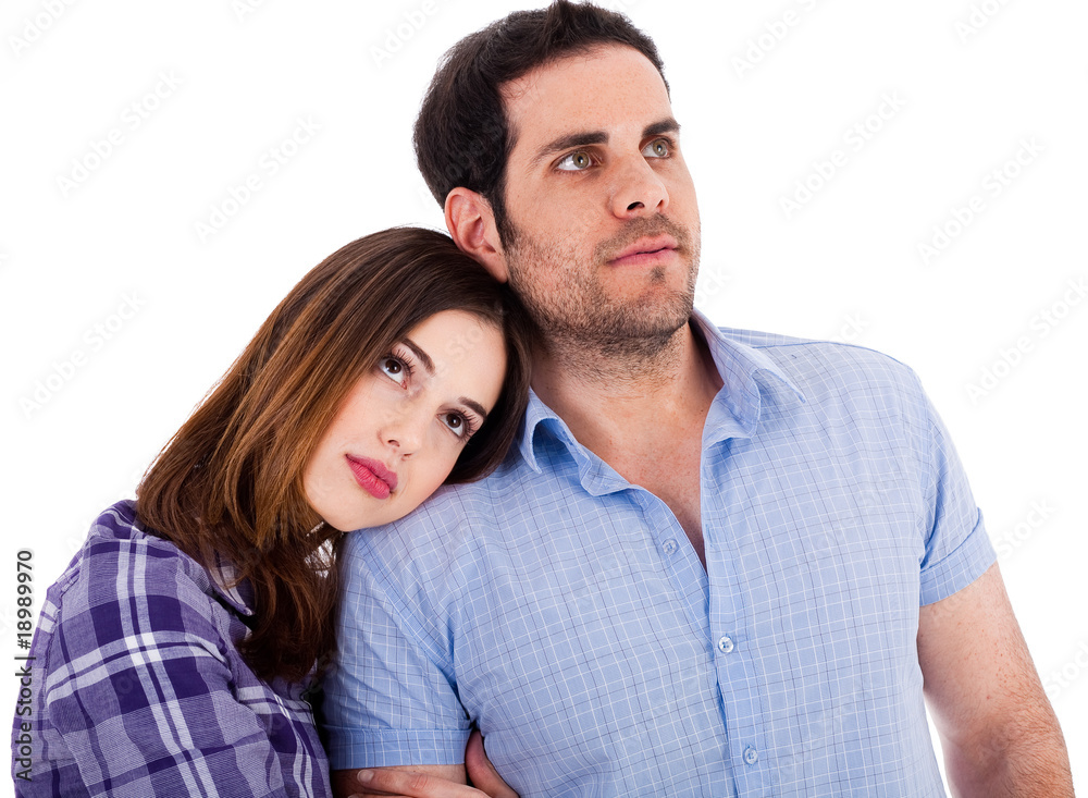 Women soothing herself on her boyfriend shoulders Women soothing herself on her boyfriend shoulders