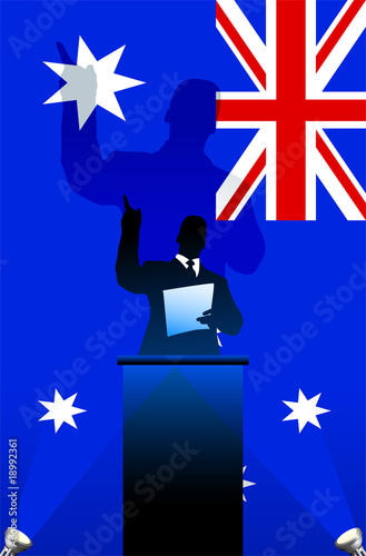 Australia flag with political speaker behind a podium