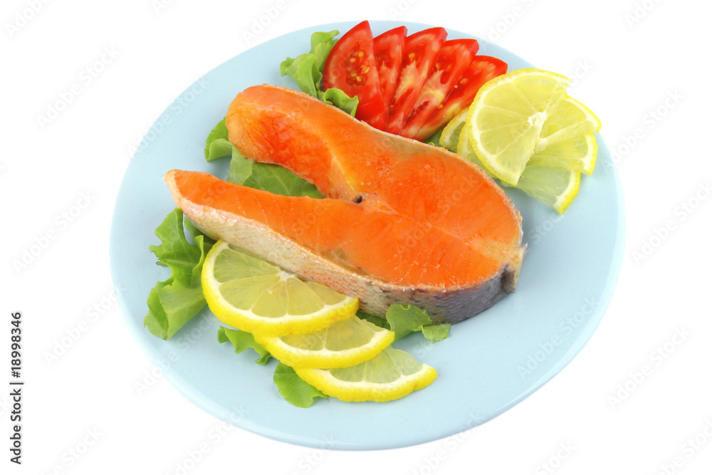 salmon steak on blue dish