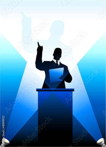 Business/political speaker silhouette behind a podium