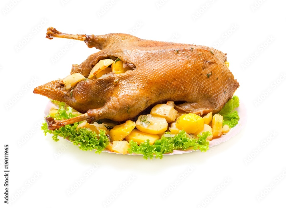 goose baked with potatoes and onions isolated on white