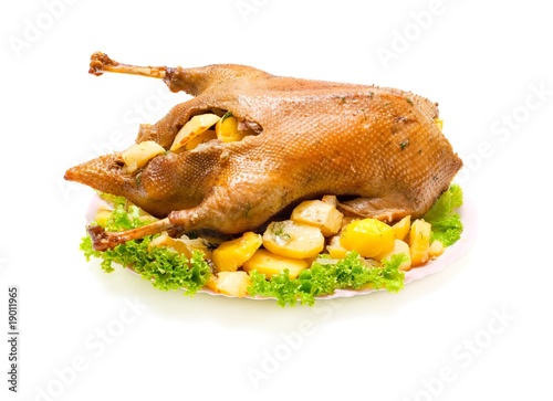 Obraz na płótnie goose baked with potatoes and onions isolated on white w salonie