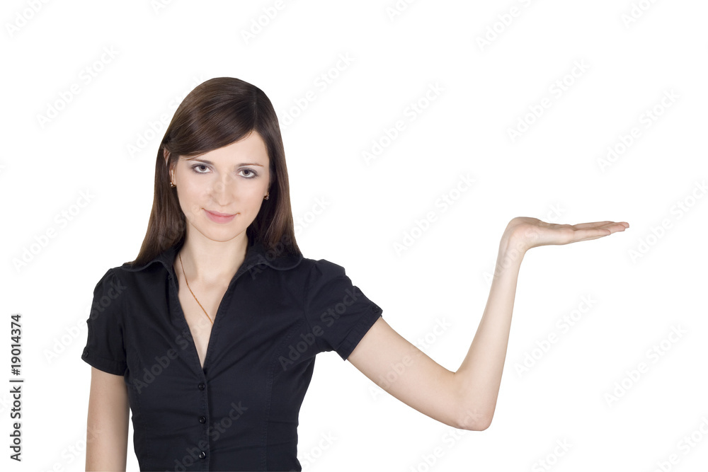 beautiful brunette showing something on the palm of her hand beautiful brunette showing something on the palm of her hand