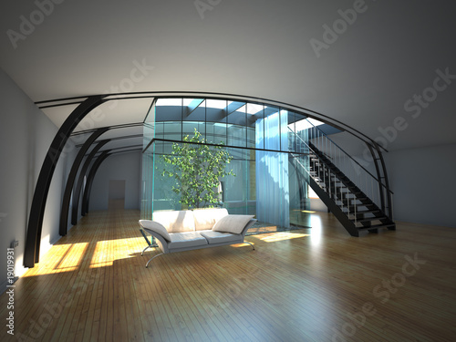 Modern empty interior with plant and sofa
