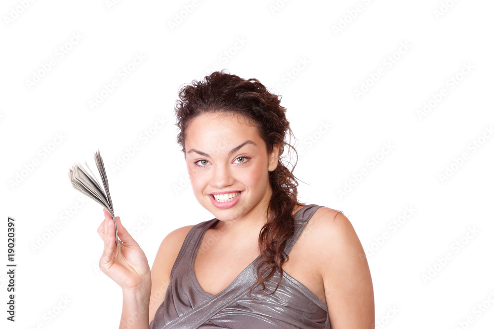 Attractive woman takes lot of 100 dollar bills Attractive woman takes lot of 100 dollar bills