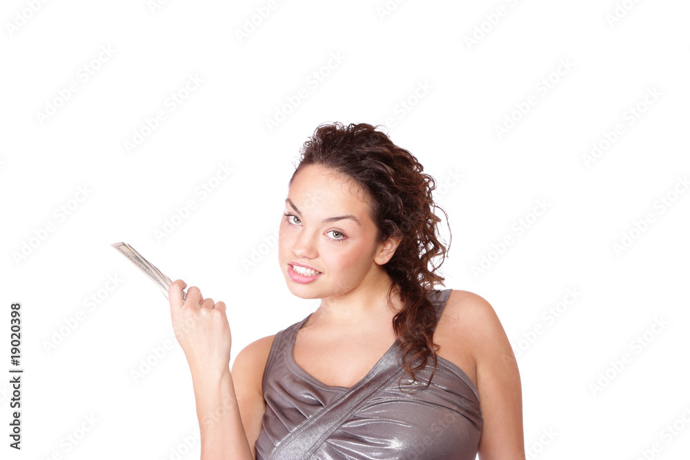 Attractive woman takes lot of 100 dollar bills Attractive woman takes lot of 100 dollar bills