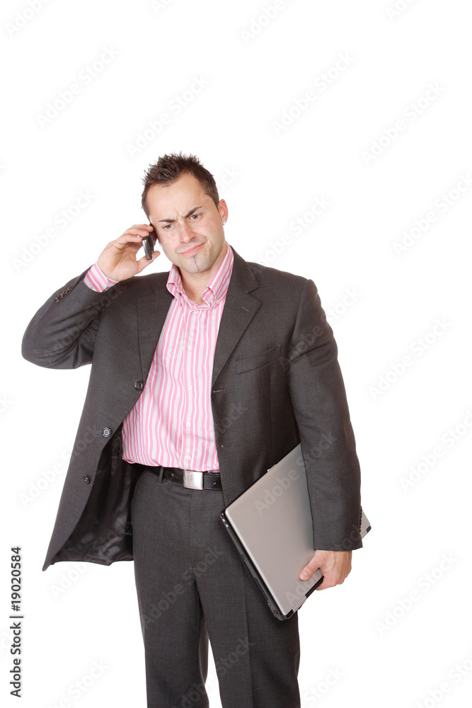 Happy businessman holding laptop computer Happy businessman holding laptop computer