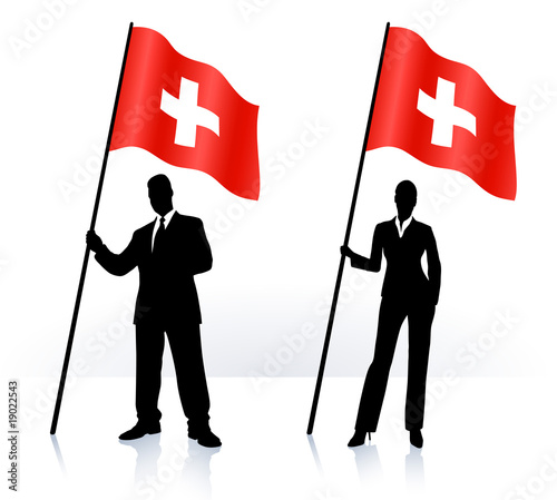 Business silhouettes with waving flag of switzerland