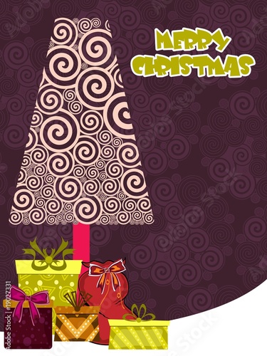 spiral background with xmas tree, gift box