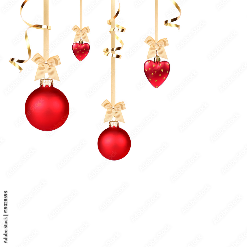 Red Christmas balls hanging with golden ribbons on white backgro Red Christmas balls hanging with golden ribbons on white backgro