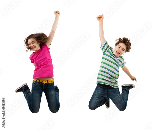 Kids jumping, running isolated on white background
