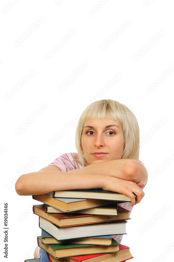 Young woman with stack of books isolated on white Young woman with stack of books isolated on white