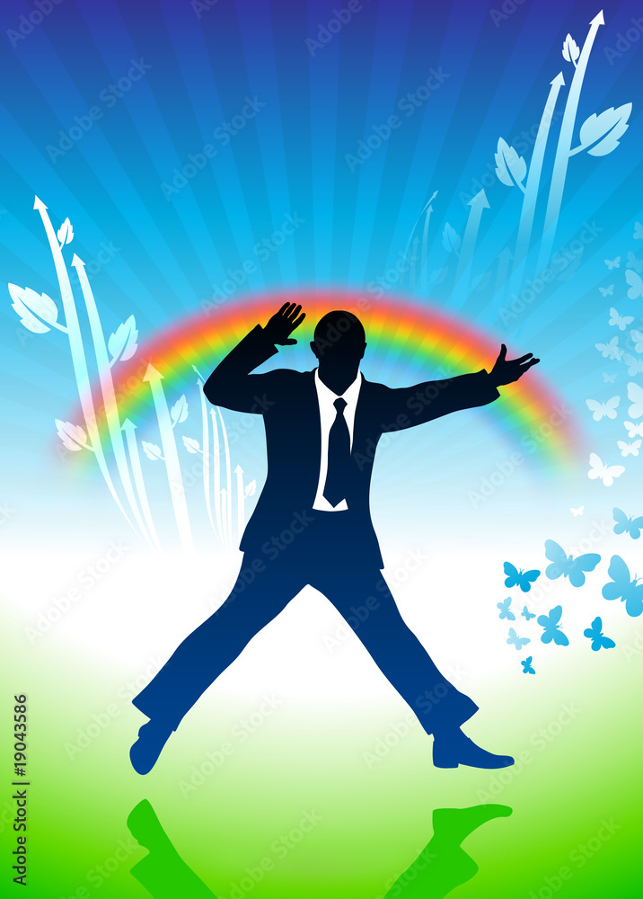 excited businessman jumping on rainbow background
