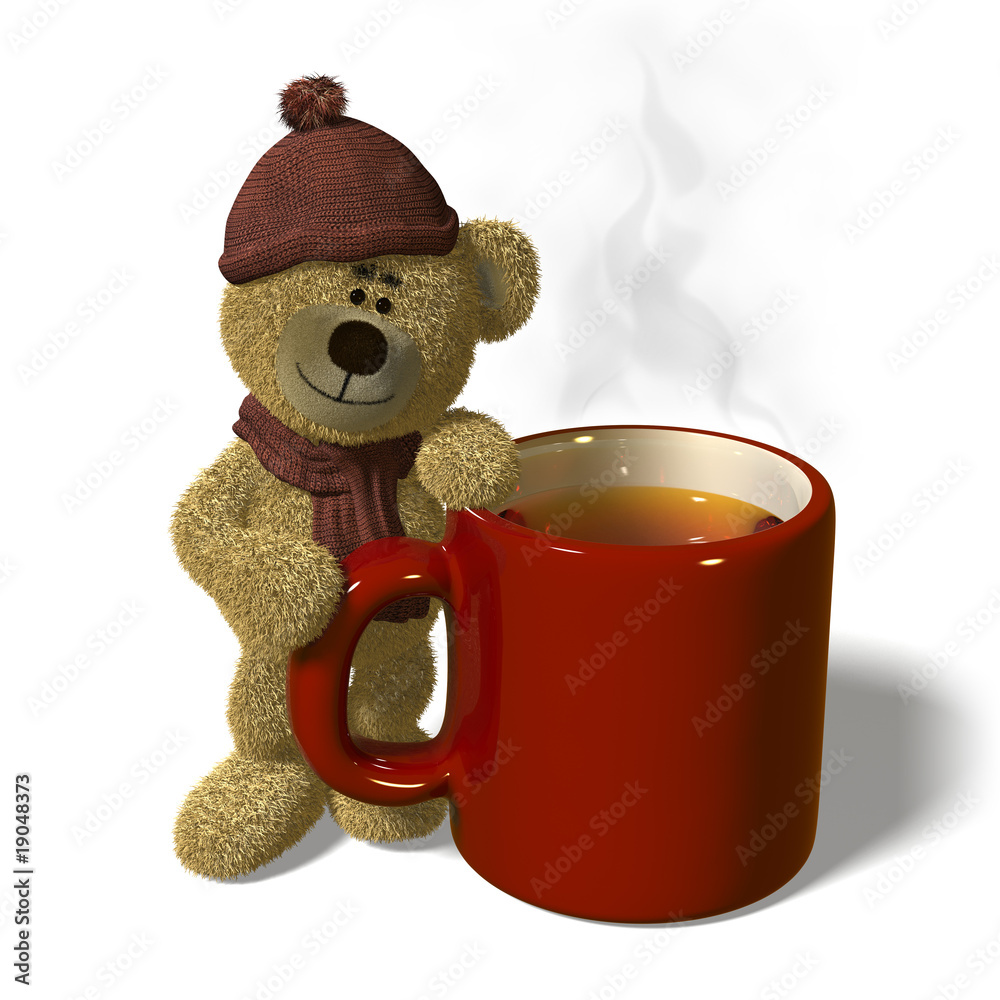 Nhi Bär steht neben einer dampfenden Tasse heissen Tee Illustration Stock |  Adobe Stock