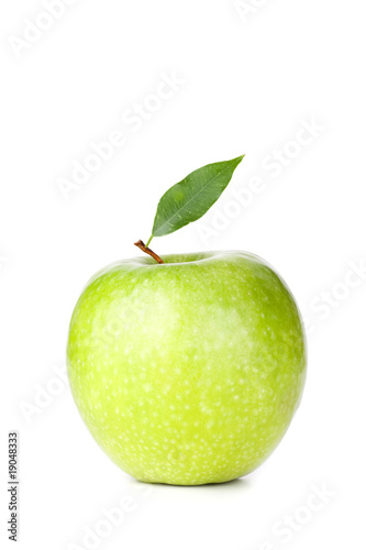 A Ripe Green Apple with leaf