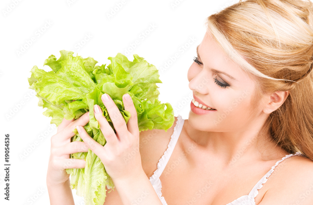 picture of happy woman with lettuce over white picture of happy woman with lettuce over white