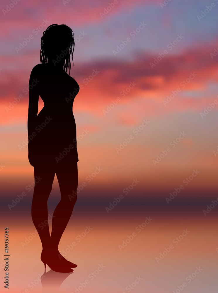 sexy woman standing with sunset internet background