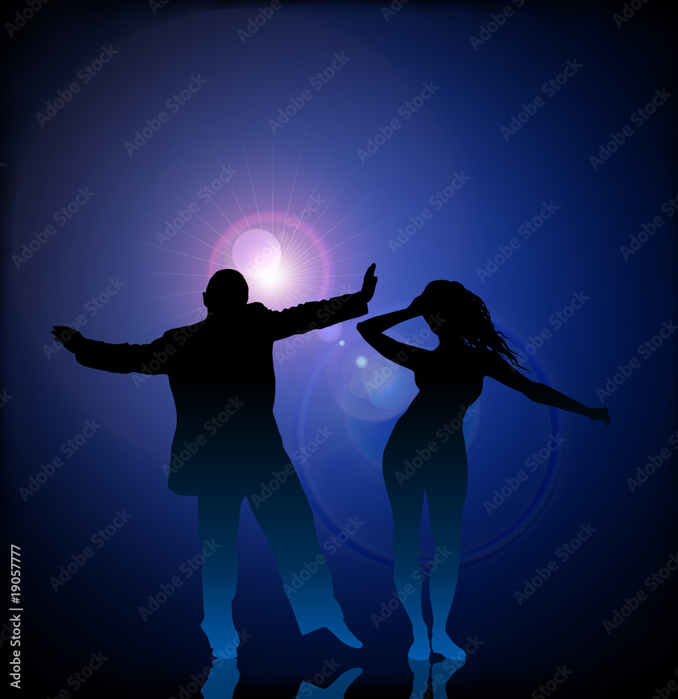 Man and woman dancing on vector lens flare