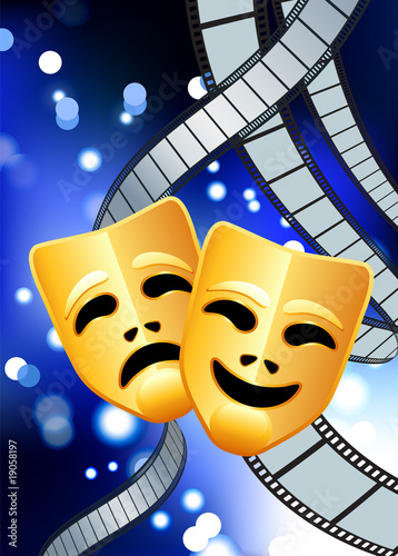 comedy and tragedy masks with film reel blue internet background