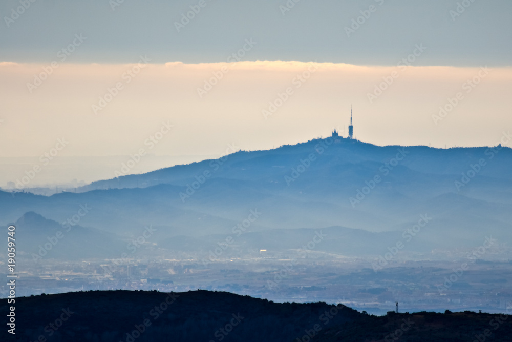 Foster tower in Tibidabo, Barcelona, view from Montseny
