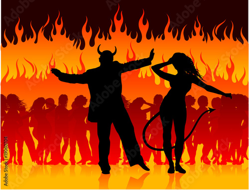 devil man and woman dancing in hell