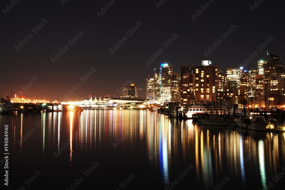 Night city view of downtown Vancouver in Stanley Park