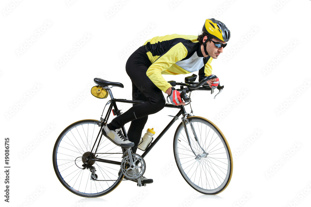 Fototapeta premium Young man riding a bicycle isolated on white background