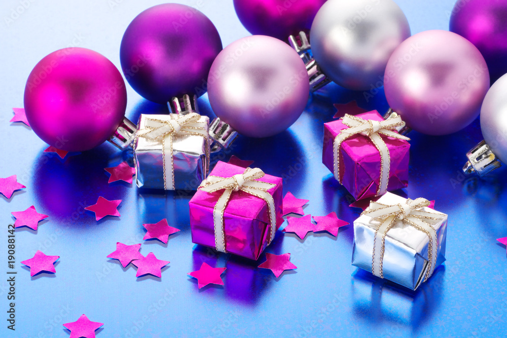 Colorful gifts, christmas balls and stars Colorful gifts, christmas balls and stars