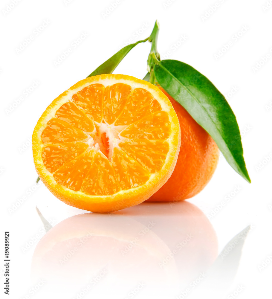 fresh mandarine fruit with cut and green leaves fresh mandarine fruit with cut and green leaves