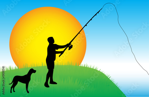 Silhouette of fisherman with dog