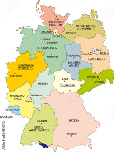 Bundesrepublik Deutschland, Bundesländer farbig, Hauptstädte