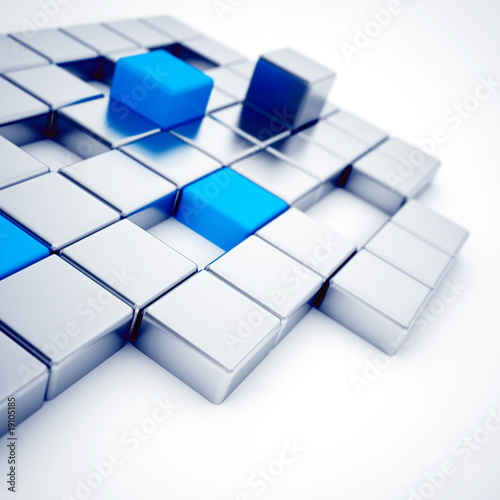 Abstract silver and blue metallic cubes on a white