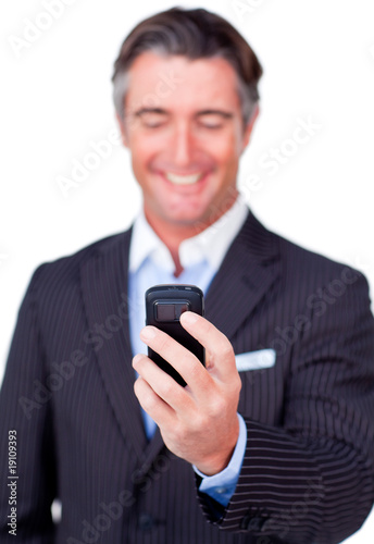 Businessman sending a message isolated on a white background