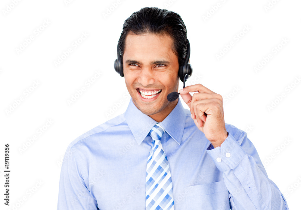 Smiling customer service agent with headset on Smiling customer service agent with headset on