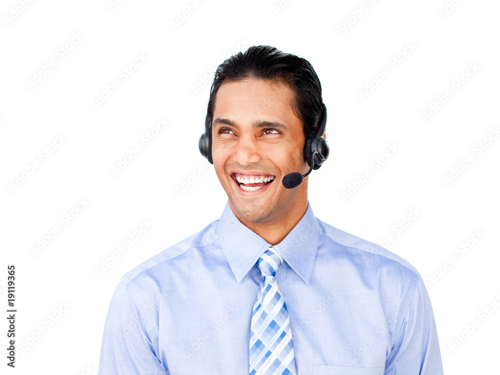 Attractive customer service agent with headset on Attractive customer service agent with headset on