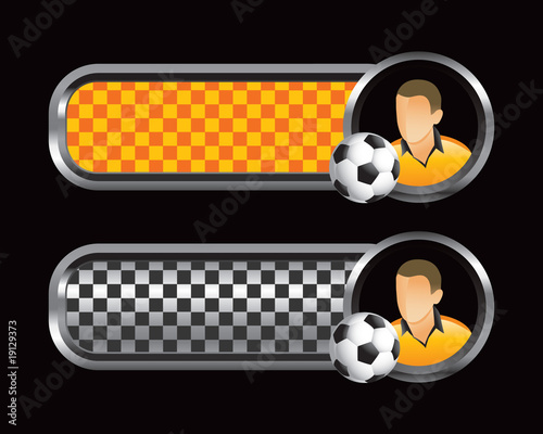 soccer player orange and black checkered banners