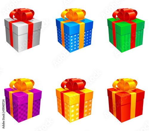 Set of 6 colored gift boxes, isolated on white background.
