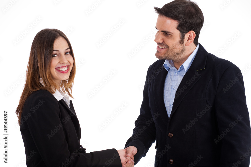 Business man welcoming a women by shake hands Business man welcoming a women by shake hands