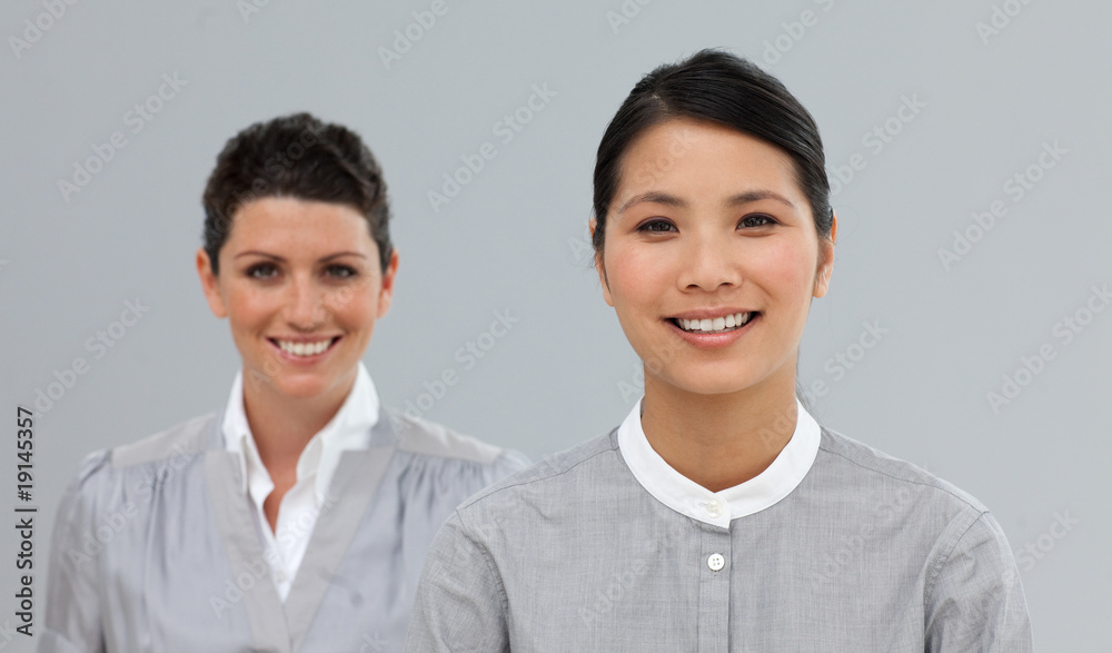 Happy Business co-workers standing in a line Happy Business co-workers standing in a line